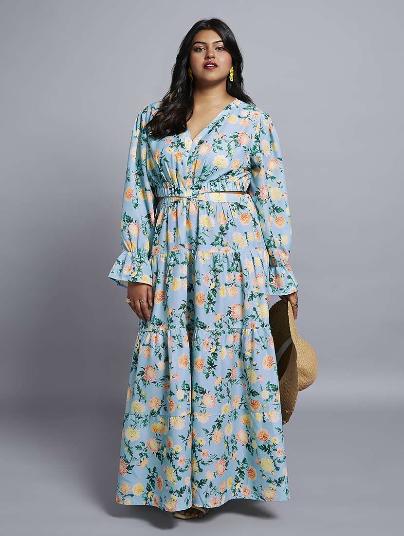 gloplus women blue floral print v-neck bishop sleeves cut-out detail tiered fit & flare plus size maxi dress