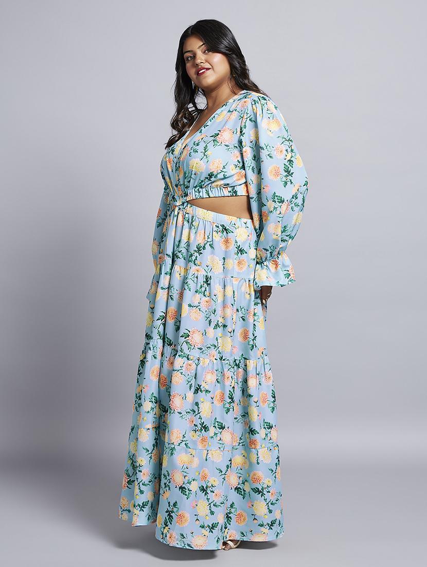 gloplus women blue floral print v-neck bishop sleeves cut-out detail tiered fit & flare plus size maxi dress - 21746880 - Standard Image - 1