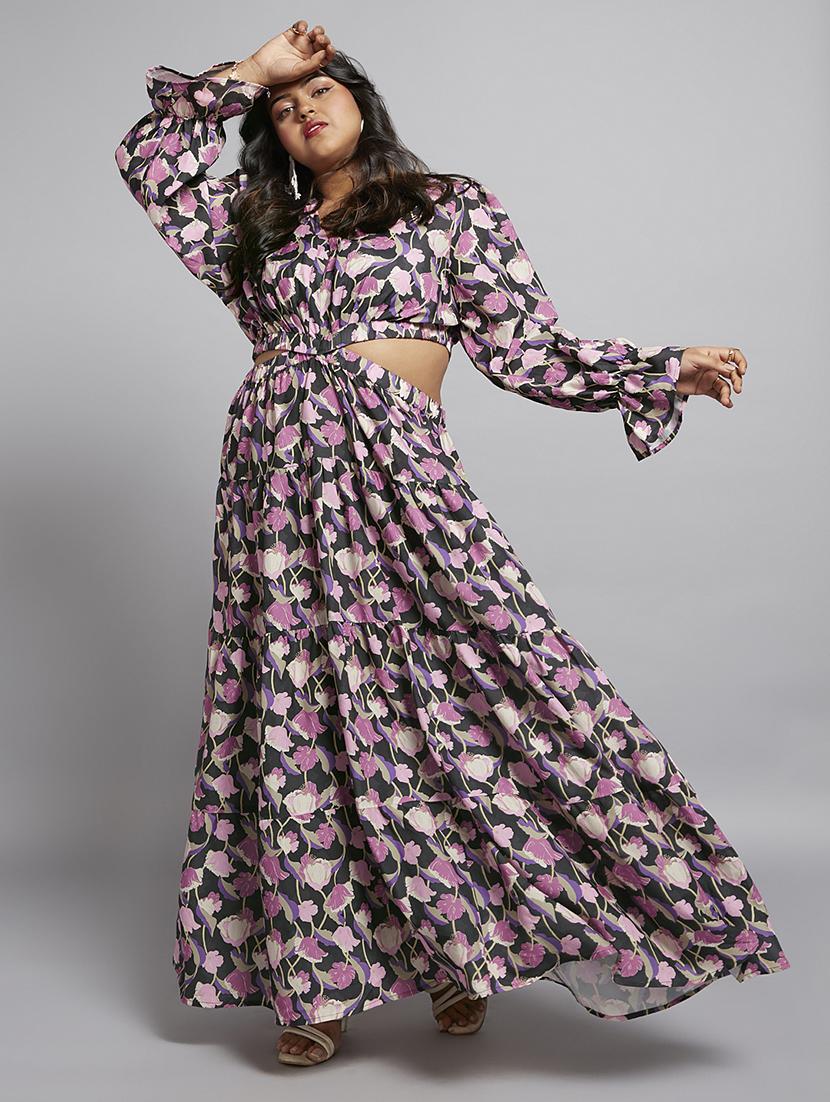 gloplus women blue floral print v-neck bishop sleeves cut-out detail tiered fit & flare plus size maxi dress - 21746881 -  Zoom Image - 0