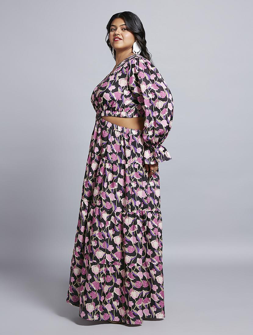 gloplus women blue floral print v-neck bishop sleeves cut-out detail tiered fit & flare plus size maxi dress - 21746881 -  Standard Image - 1