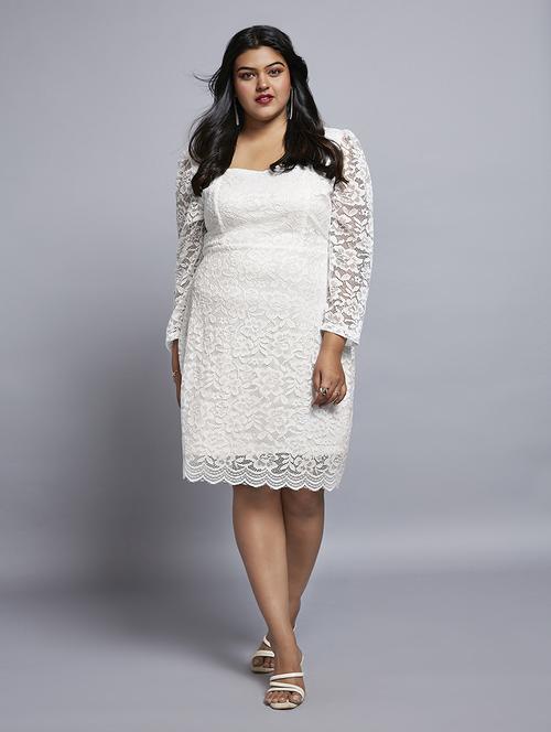 gloplus women white sweetheart neck long sleeves floral lace scalloped hem plus size sheath party dress - 21746883 - Standard Image - 0