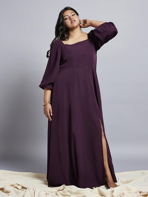 gloplus women purple square neck bishop sleeves flared hem side slit a-line plus size maxi party dress - 21746884 - Standard Image - 0