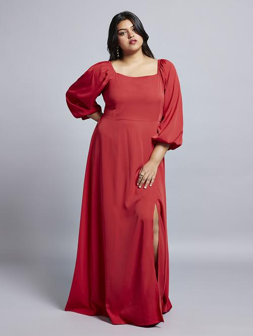 gloplus women red square neck bishop sleeves flared hem side slit a-line plus size maxi party dress - 21746885 - Standard Image - 0