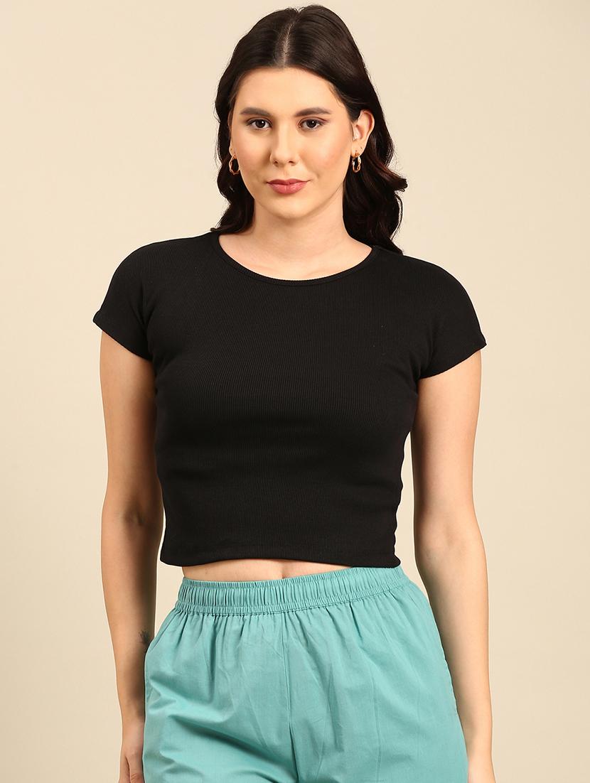 women solid short sleeves crop top - 21747019 - Zoom Image - 0