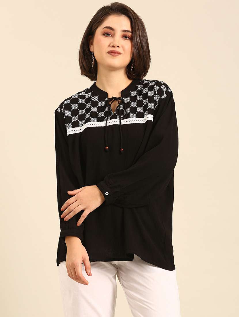 women embroidered puff sleeves a-line top