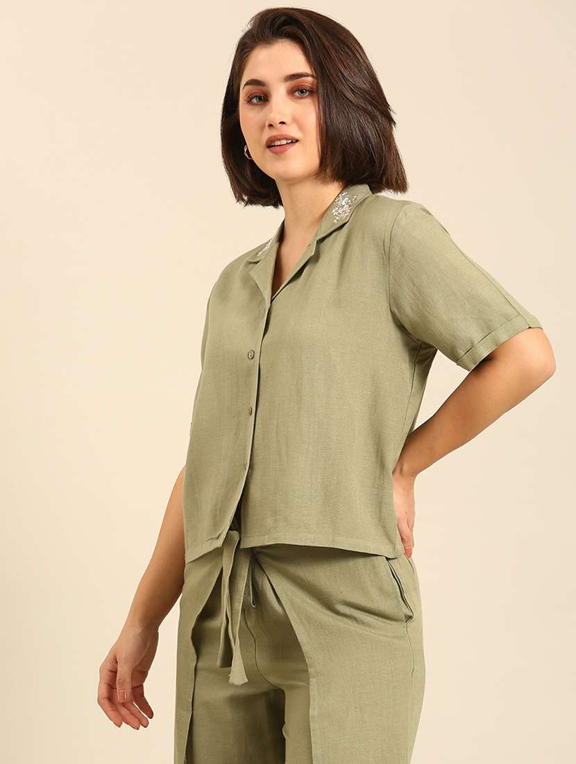 women solid embroidered collar crop shirt - 21747080 - Standard Image - 1