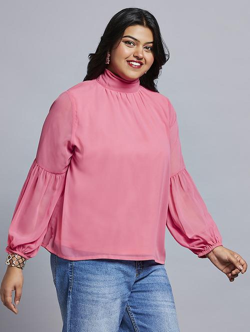gloplus women pink tie-up high neck bishop sleeves georgette plus size workwear top - 21747116 -  Standard Image - 0