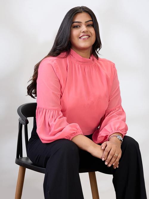 gloplus women pink tie-up high neck bishop sleeves georgette plus size workwear top - 21747116 -  Standard Image - 0
