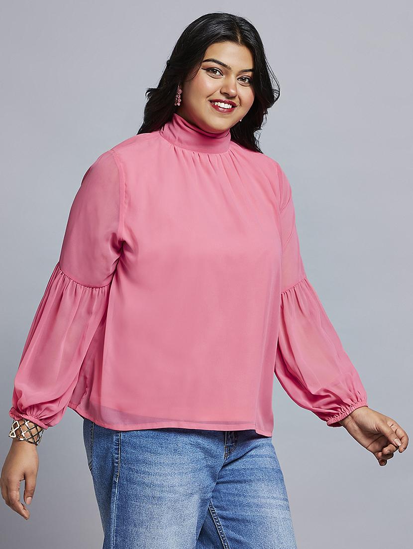 gloplus women pink tie-up high neck bishop sleeves georgette plus size workwear top - 21747116 -  Zoom Image - 0