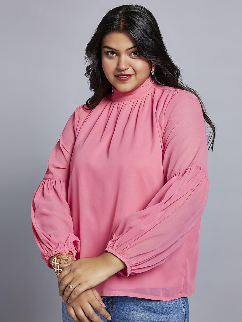gloplus women pink tie-up high neck bishop sleeves georgette plus size workwear top - 21747116 - Standard Image - 1