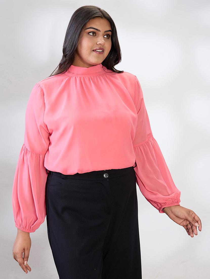 gloplus women pink tie-up high neck bishop sleeves georgette plus size workwear top - 21747116 -  Standard Image - 1