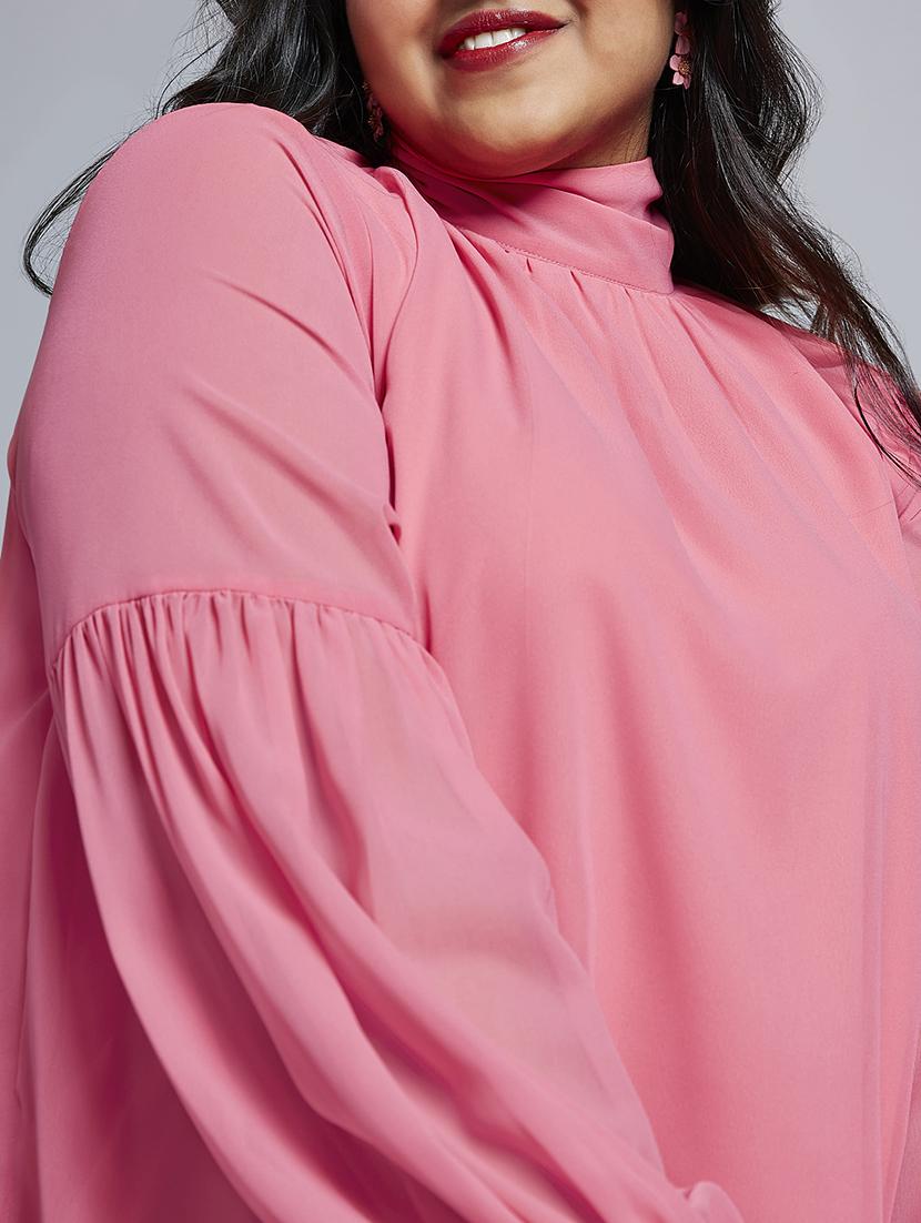 gloplus women pink tie-up high neck bishop sleeves georgette plus size workwear top - 21747116 - Standard Image - 4