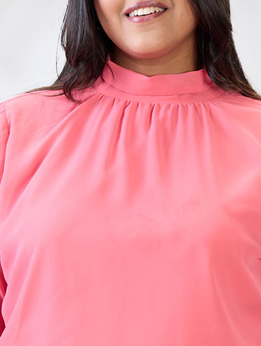 gloplus women pink tie-up high neck bishop sleeves georgette plus size workwear top - 21747116 - Standard Image - 4