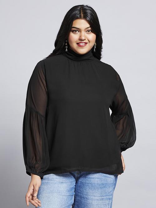 gloplus women black tie-up high neck bishop sleeves georgette plus size workwear top - 21747117 -  Standard Image - 0