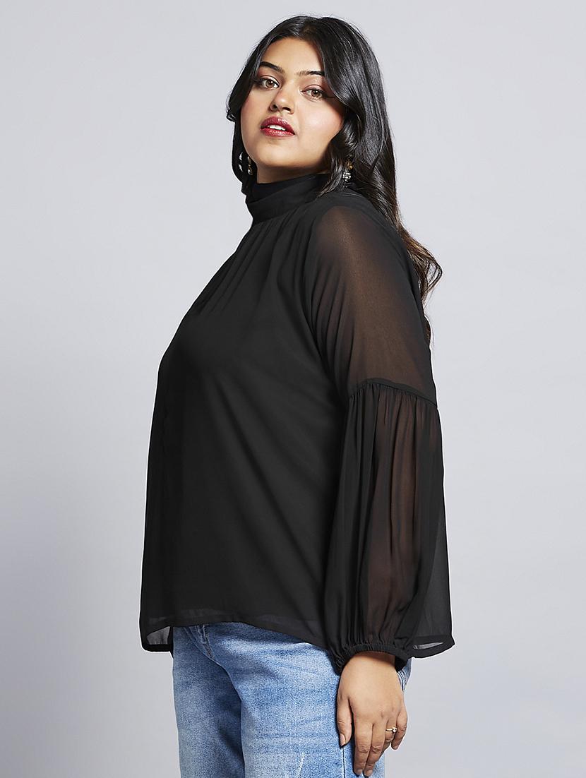 gloplus women black tie-up high neck bishop sleeves georgette plus size workwear top - 21747117 -  Standard Image - 1