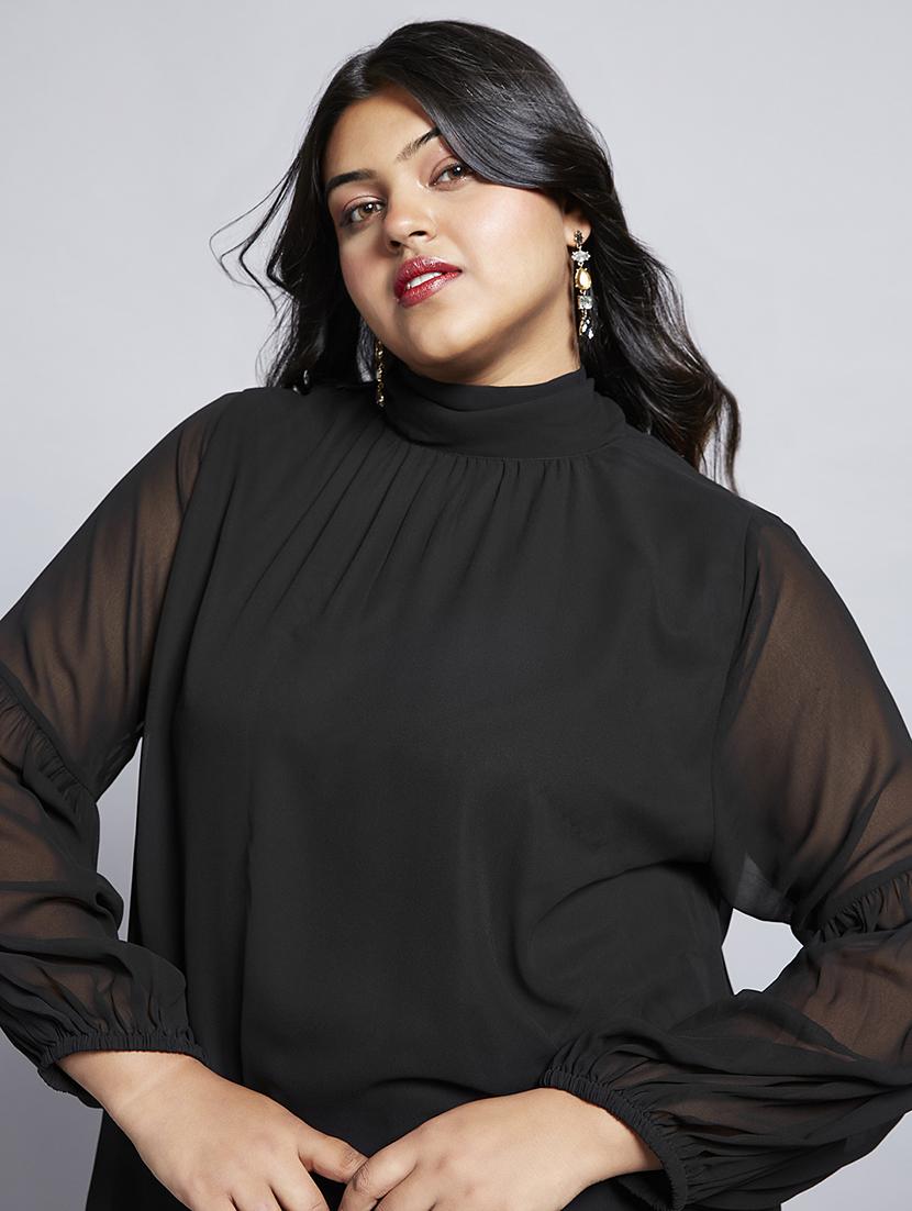 gloplus women black tie-up high neck bishop sleeves georgette plus size workwear top - 21747117 - Standard Image - 4