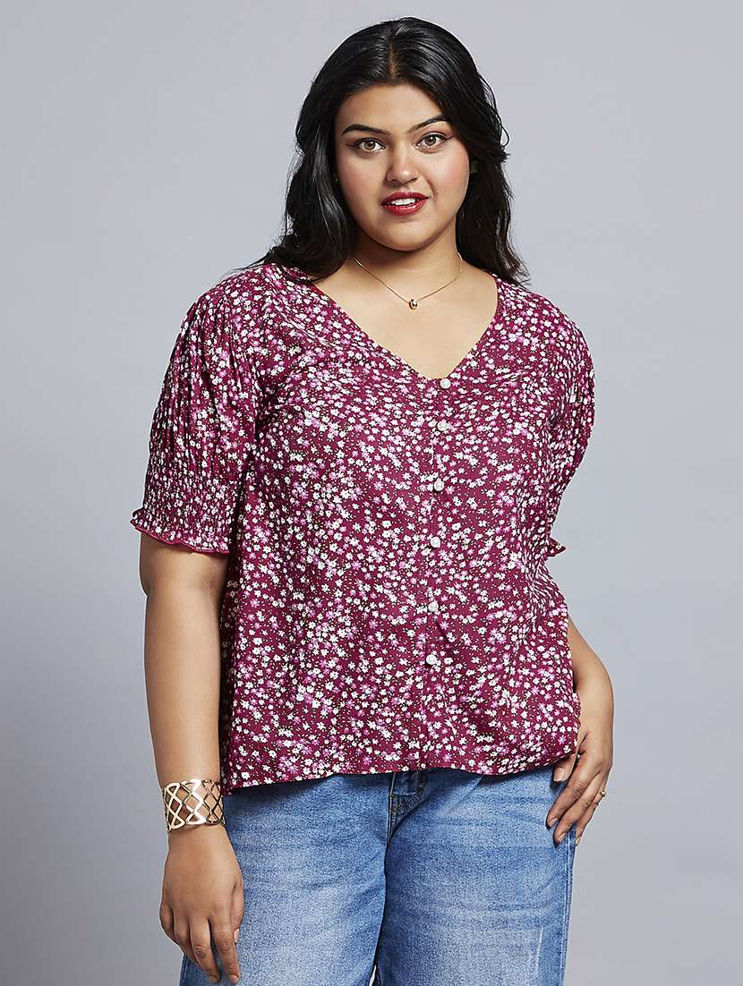 gloplus women pink floral print v-neck puff sleeves plus size workwear top
