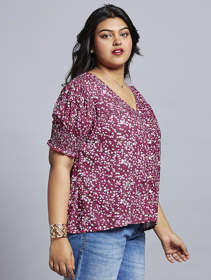 gloplus women pink floral print v-neck puff sleeves plus size workwear top - 21747118 -  Standard Image - 1