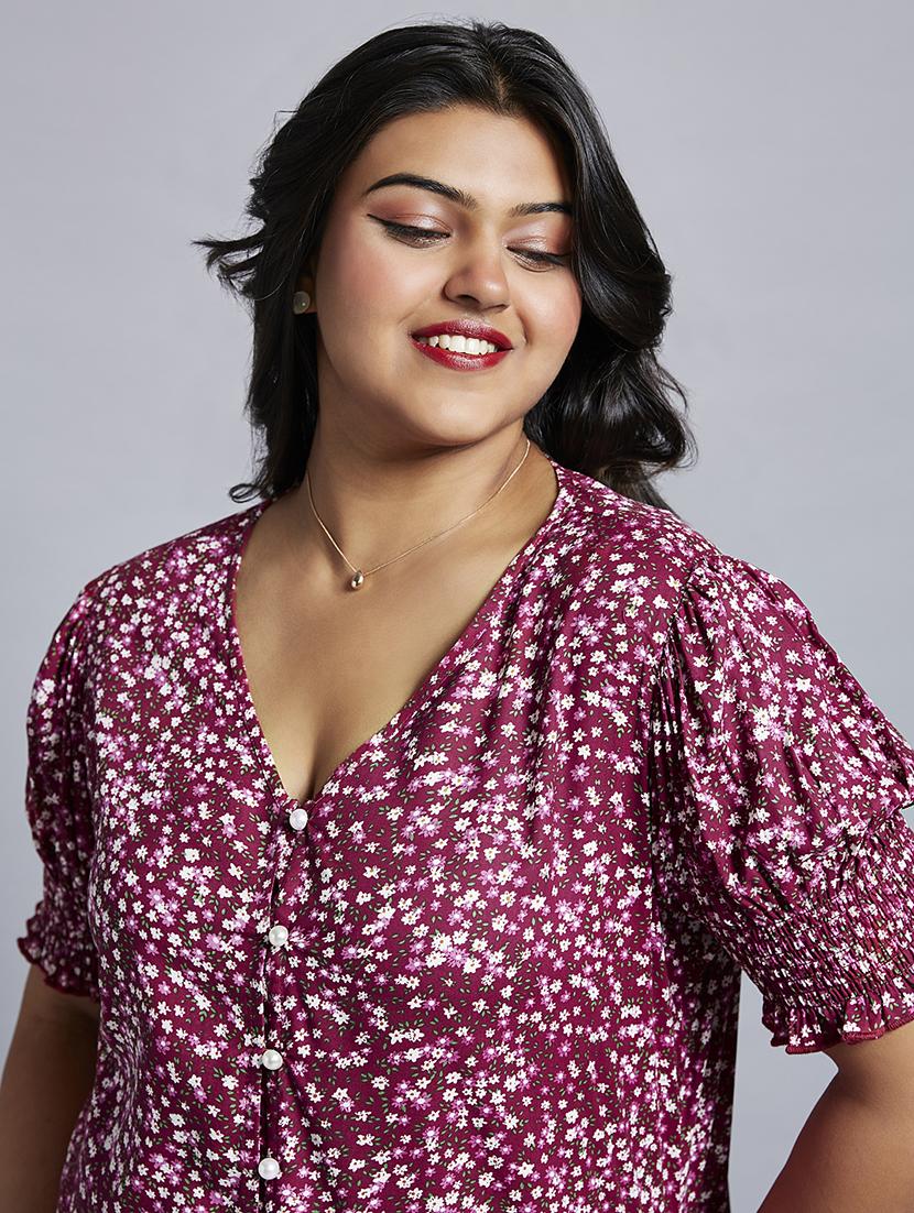 gloplus women pink floral print v-neck puff sleeves plus size workwear top - 21747118 - Standard Image - 4