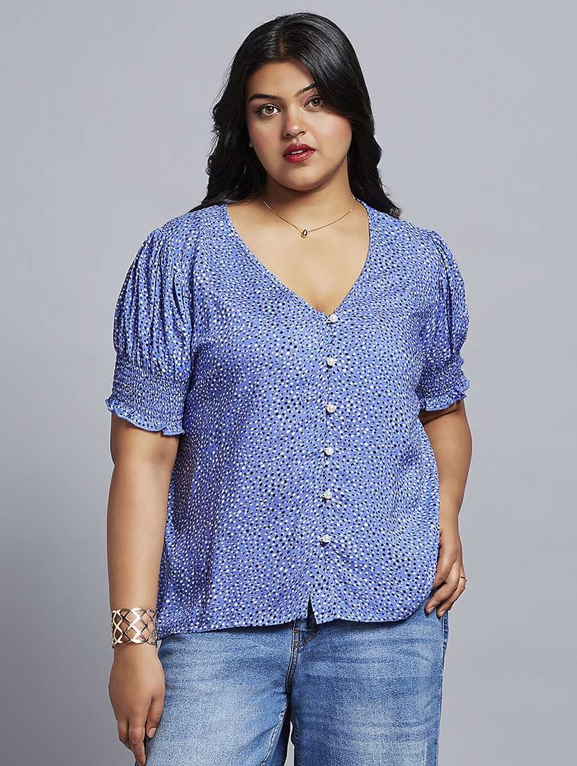 gloplus women blue abstract print v-neck puff sleeves plus size workwear top - 21747119 - Zoom Image - 0