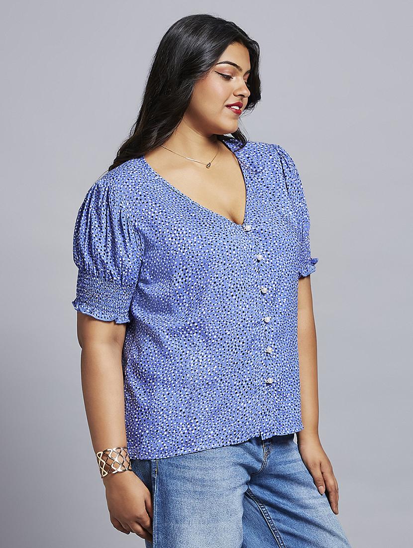 gloplus women blue abstract print v-neck puff sleeves plus size workwear top - 21747119 - Standard Image - 1