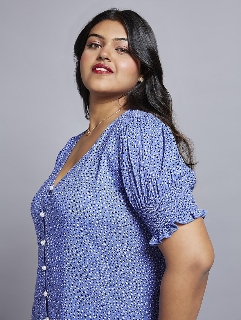gloplus women blue abstract print v-neck puff sleeves plus size workwear top - 21747119 - Standard Image - 4