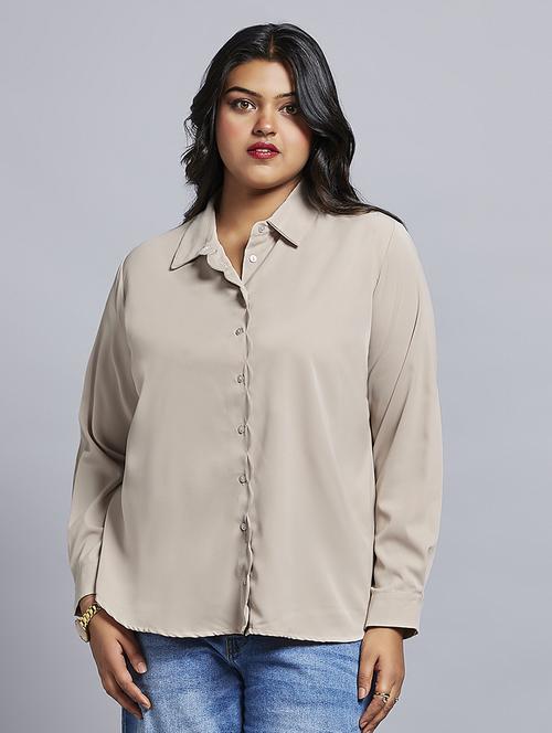 gloplus women beige collared neck cuff sleeves shirt style plus size workwear top - 21747120 - Standard Image - 0