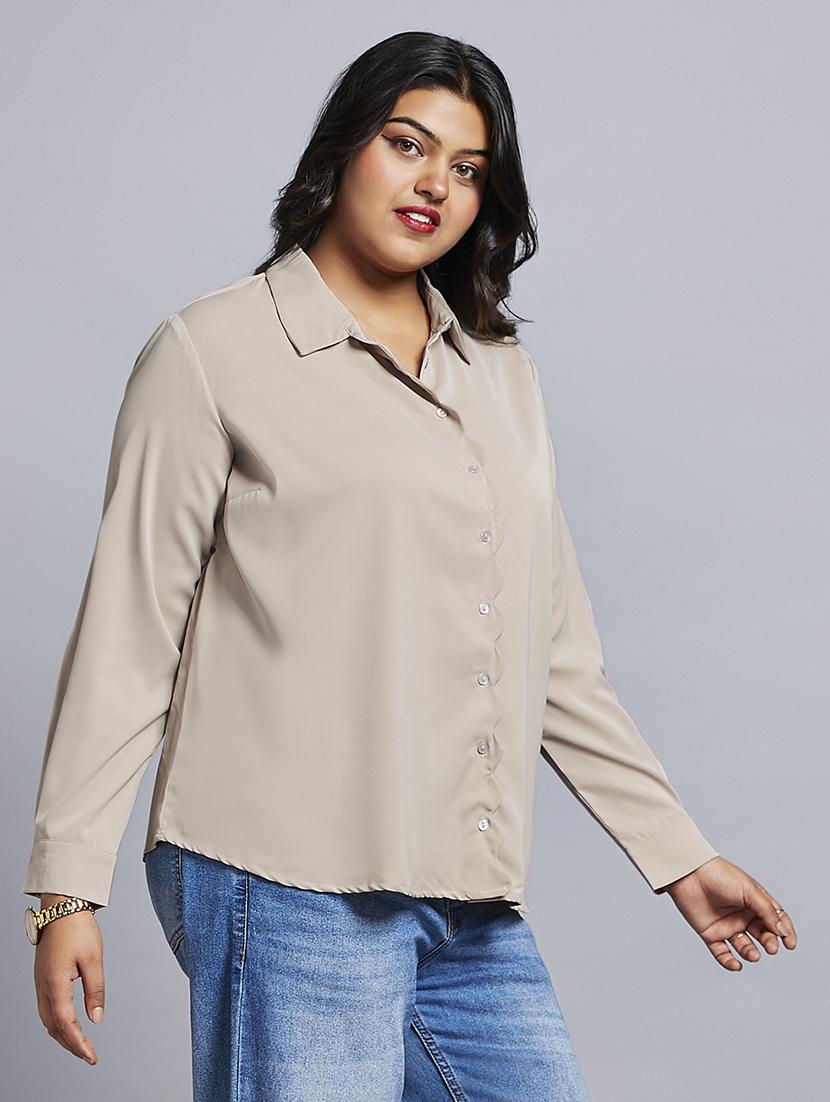 gloplus women beige collared neck cuff sleeves shirt style plus size workwear top - 21747120 - Standard Image - 1