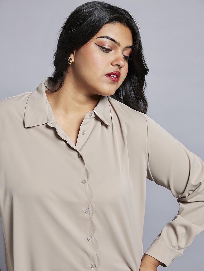 gloplus women beige collared neck cuff sleeves shirt style plus size workwear top - 21747120 - Standard Image - 4
