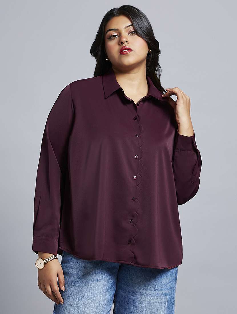 gloplus women burgundy collared neck cuff sleeves shirt style plus size workwear top