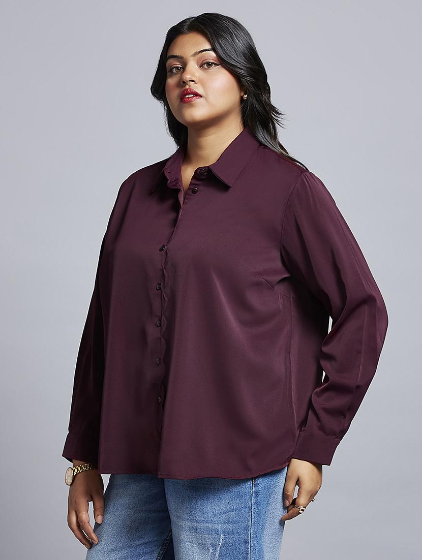 gloplus women burgundy collared neck cuff sleeves shirt style plus size workwear top - 21747121 - Standard Image - 1