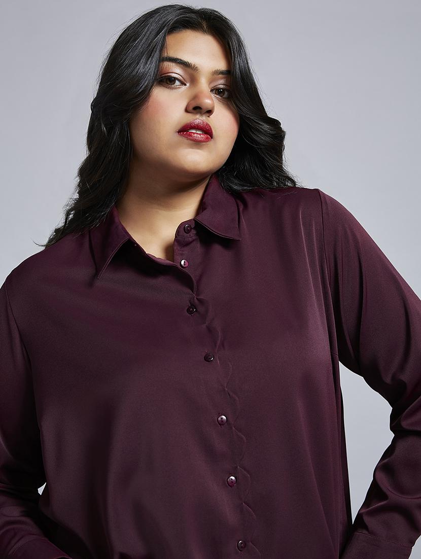 gloplus women burgundy collared neck cuff sleeves shirt style plus size workwear top - 21747121 - Standard Image - 4