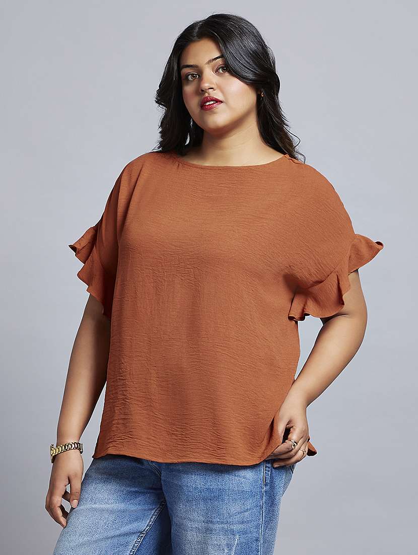 gloplus women rust round neck extended ruffle sleeves plus size workwear top - 21747122 -  Standard Image - 1