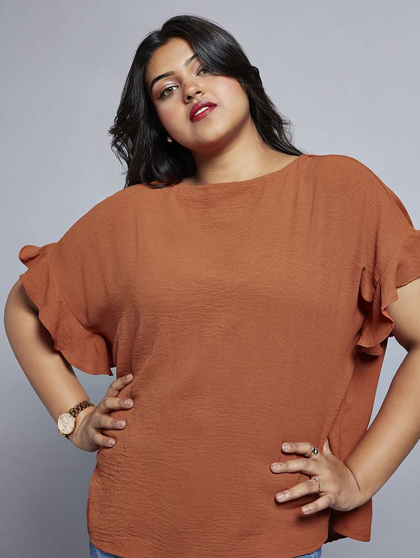 gloplus women rust round neck extended ruffle sleeves plus size workwear top - 21747122 -  Standard Image - 4