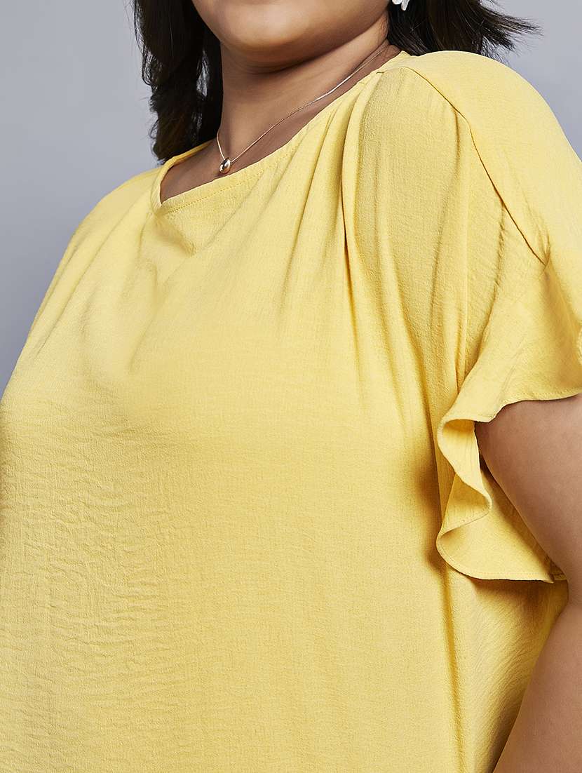 gloplus women yellow round neck extended ruffle sleeves plus size workwear top - 21747123 -  Standard Image - 4
