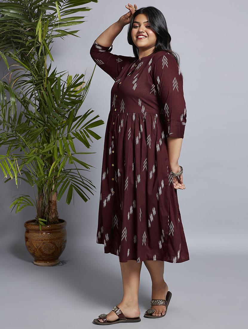 gloplus women maroon printed mandarin collar roll-up sleeves a-line midi plus size workwear dress - 21747125 - Standard Image - 1