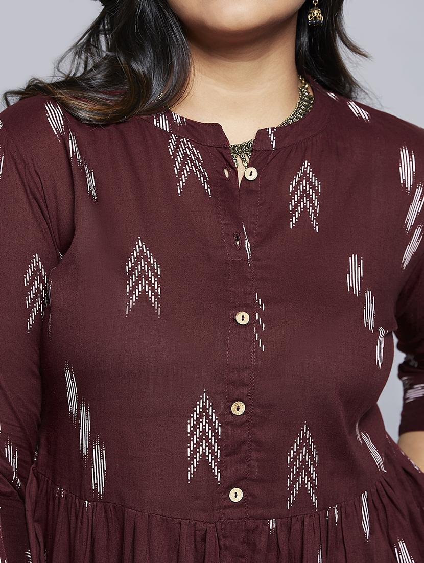 gloplus women maroon printed mandarin collar roll-up sleeves a-line midi plus size workwear dress - 21747125 - Standard Image - 4