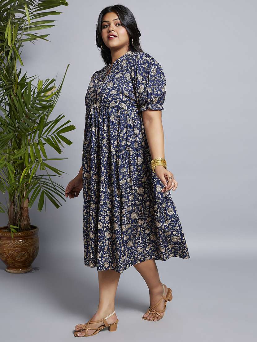 gloplus women blue mandarin collar puff sleeves floral print waist tie-ups a-line midi plus size workwear dress - 21747130 -  Standard Image - 1