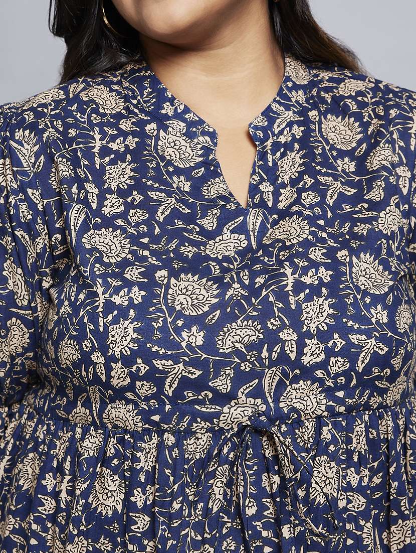 gloplus women blue mandarin collar puff sleeves floral print waist tie-ups a-line midi plus size workwear dress - 21747130 -  Standard Image - 4