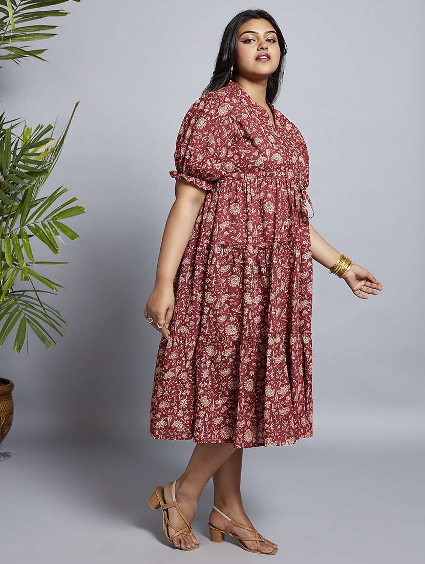 gloplus women maroon mandarin collar puff sleeves floral print waist tie-ups a-line midi plus size workwear dress - 21747131 - Standard Image - 1