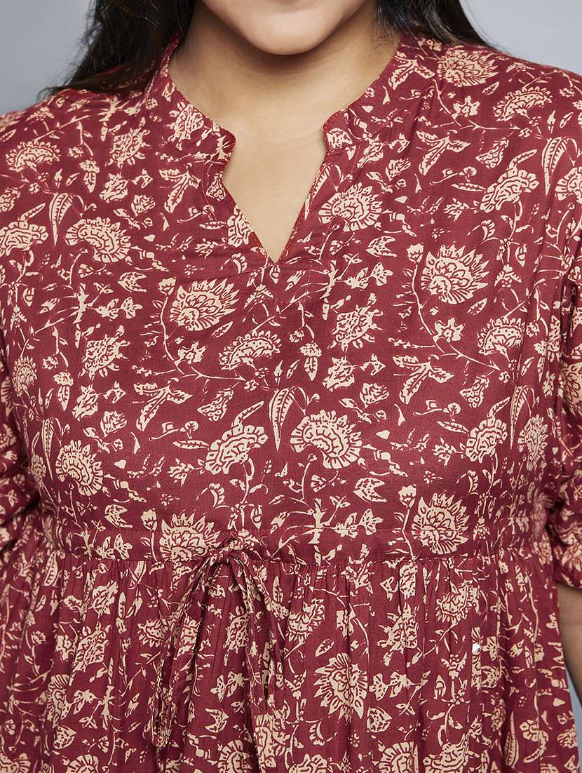 gloplus women maroon mandarin collar puff sleeves floral print waist tie-ups a-line midi plus size workwear dress - 21747131 - Standard Image - 4