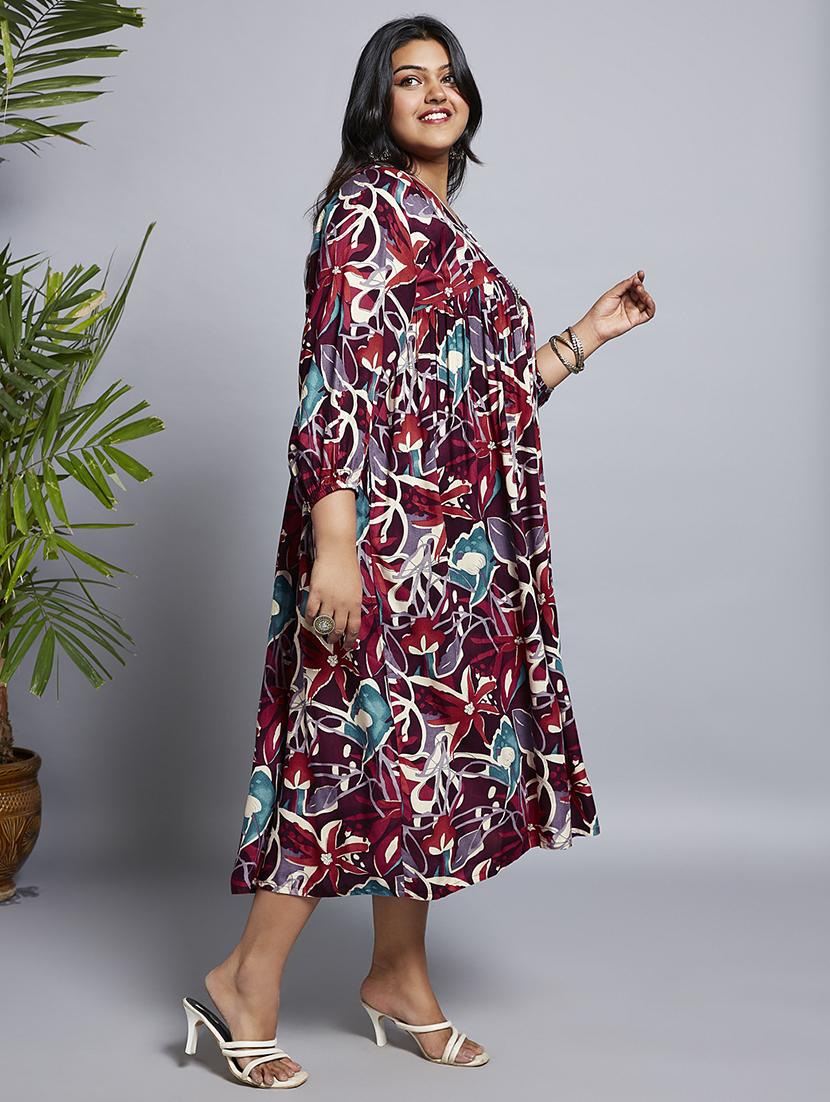 gloplus women wine v-neck floral print gathered a-line plus size midi fusion dress - 21747132 -  Standard Image - 1