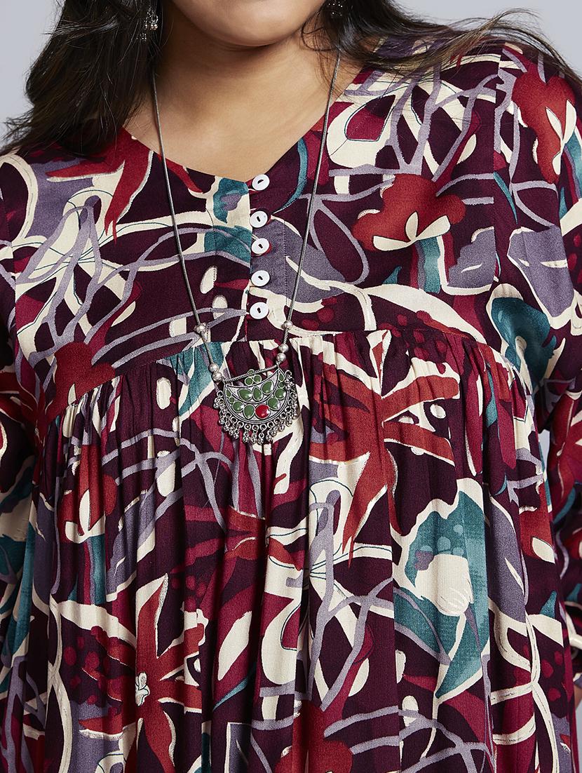 gloplus women wine v-neck floral print gathered a-line plus size midi fusion dress - 21747132 - Standard Image - 4