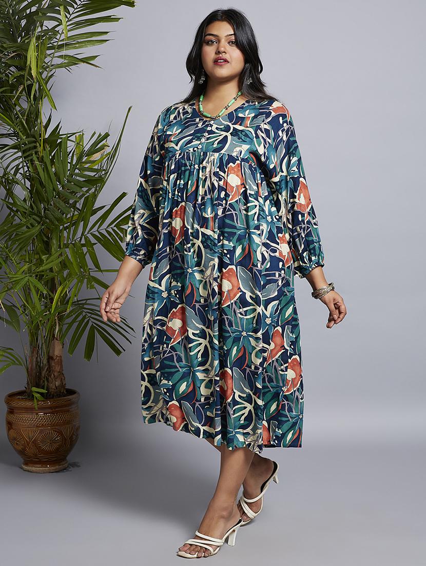 gloplus women navy blue v-neck floral print gathered a-line plus size midi fusion dress - 21747133 - Standard Image - 1