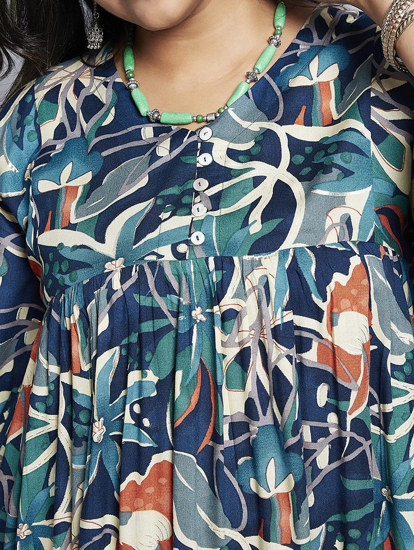 gloplus women navy blue v-neck floral print gathered a-line plus size midi fusion dress - 21747133 - Standard Image - 4