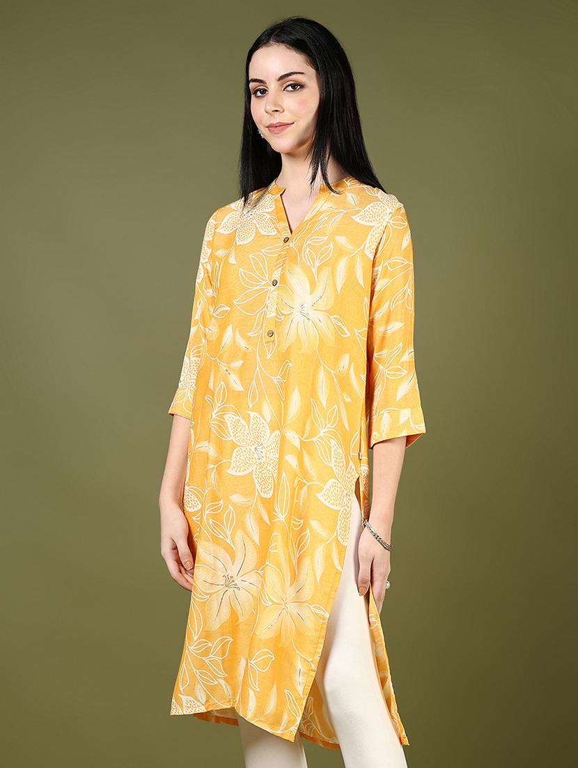 women yellow three quarter sleeve straight kurta - 21747470 - Standard Image - 1