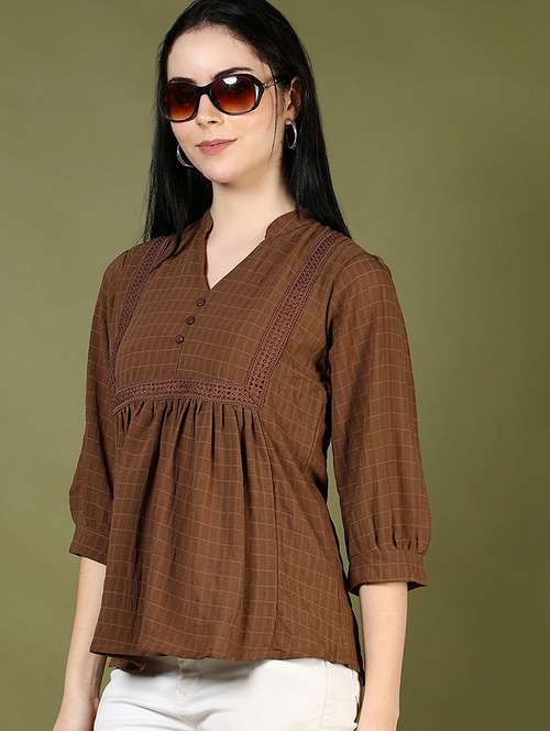 women brown checkered v neck top - 21747512 - Standard Image - 0