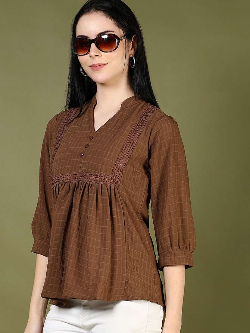 women brown checkered v neck top - 21747512 - Zoom Image - 0