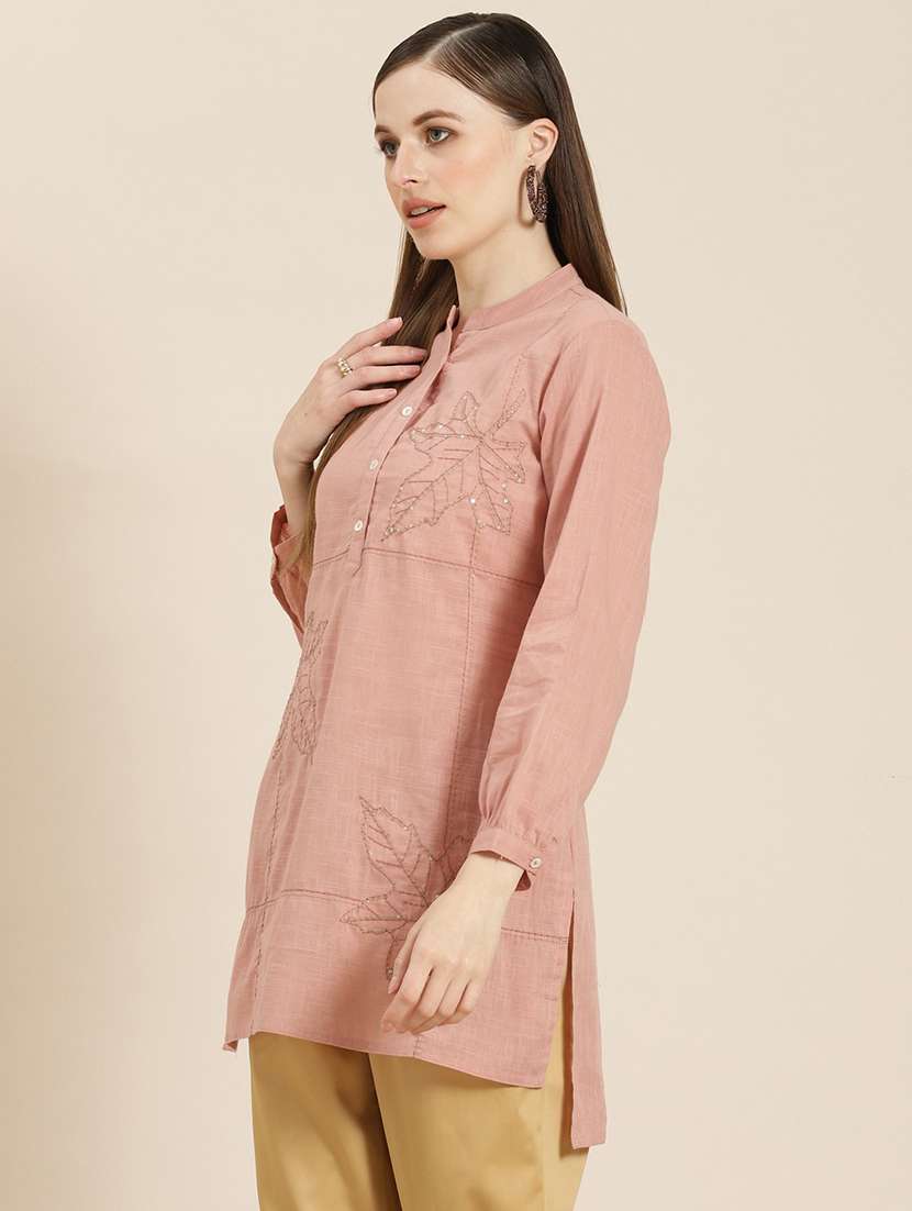 women mandarin neck embroidered high-low kurti - 21747758 - Standard Image - 1