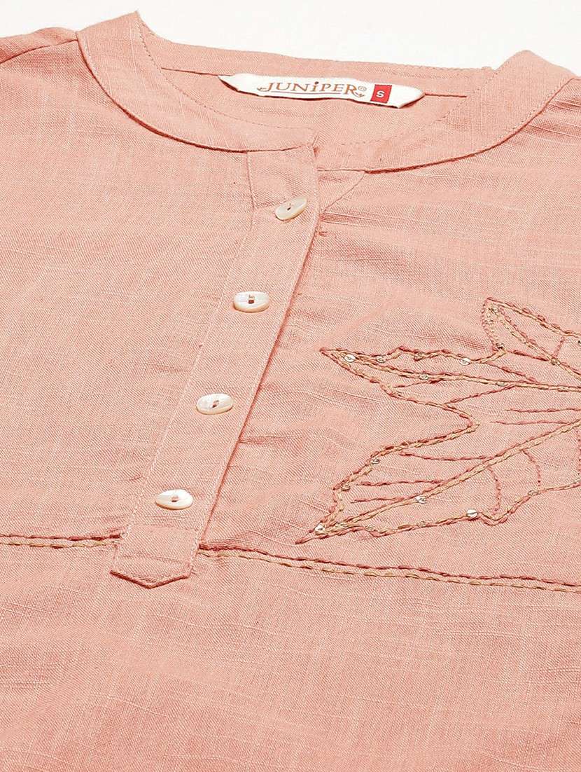 women mandarin neck embroidered high-low kurti - 21747758 - Standard Image - 4